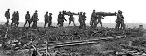Stretcher Bearers carry wounded from battlefield