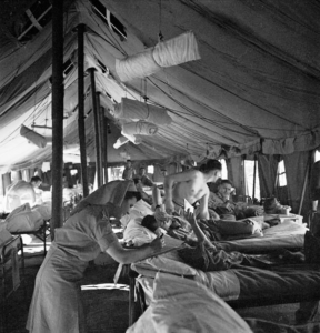 Nursing Sister reading patient's chart during rounds of a ward at No.15 Canadian General Hospital, R.C.A.M.C. August 1943, El Arouch, Algeria.