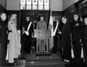 1 Field Ambulance dedication of CAMC/RCAMC/LCol John McRae memorial plaque in St George's Chapel, Ypres, Belgium, 1966